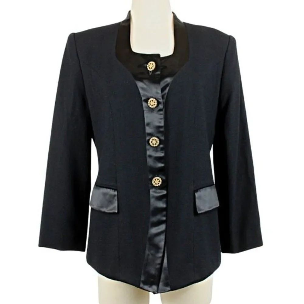 Evening Jacket Vintage Satin Trim Flap Pockets Rhinestone Buttons Black Size 8